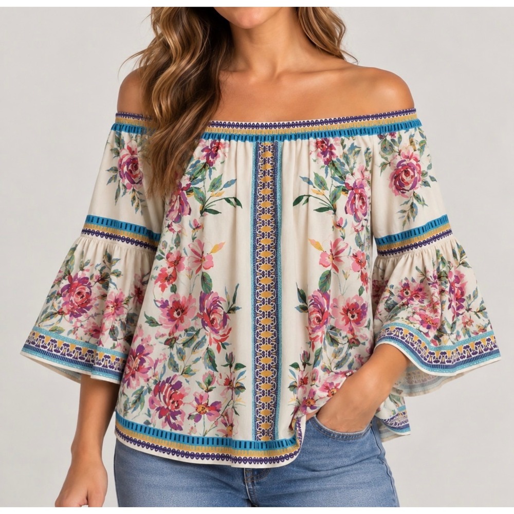Jealous Tomato Floral Boho Bell Sleeve Blouse Off Shoulder Top Size Medium